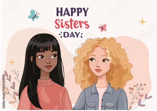 Happy Sisters Day, Heartwarming Handmade Vector Illustration in Cute Cartoon Style, Celebrating Sisterhood and Love
