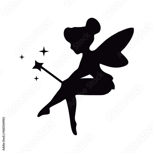 Elegant black silhouette of a sitting fairy with wings holding a magic wand with sparkling stars, a fantasy vector graphic illustration isolated on a white background