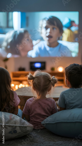 Cozy living room movie night with children watching projection and warm lighting