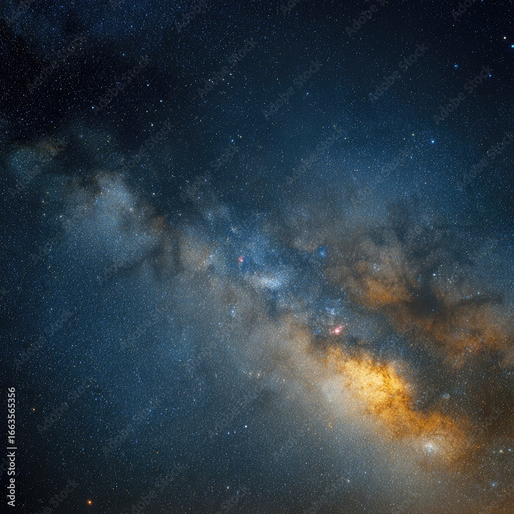 Obraz premium Vast expanse of the Milky Way galaxy, detailed with numerous stars. A swath of luminous, cloudy bands of orange and blue hues
