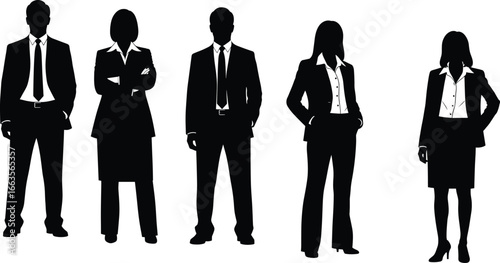 Business people silhouette, professional team concept, corporate group illustration, formal attire figures, leadership and teamwork, standing office 