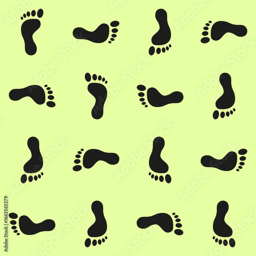 Black footprints pattern. Walking trail concept. Vector footstep illustration. Simple feet background. EPS 10.