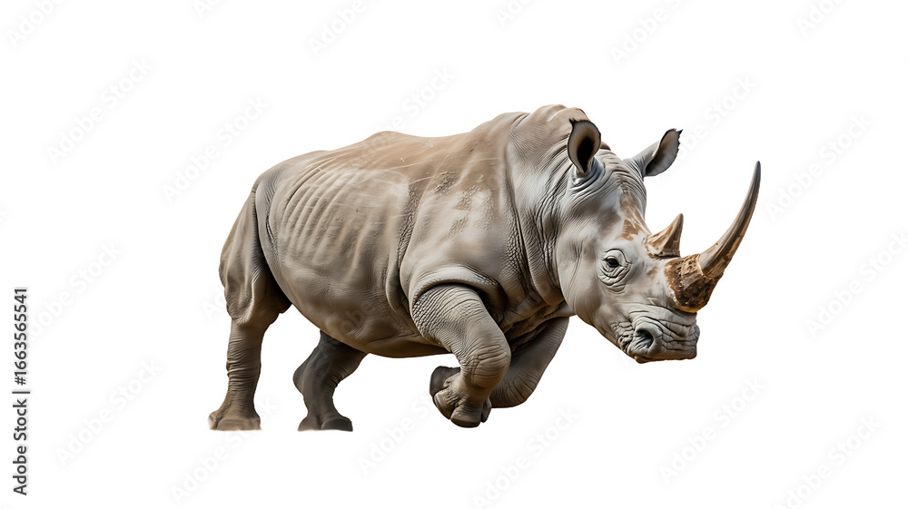 Obraz premium Majestic rhinoceros charges forward with powerful horns and textured skin.