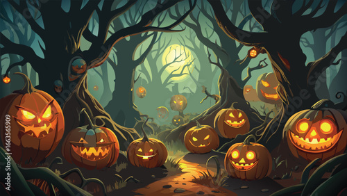A vibrant collection of glowing jack o lanterns with carved faces perfect for halloween celebrations