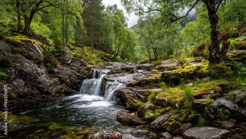 Forest stream cascade, mossy rocks, lush greenery