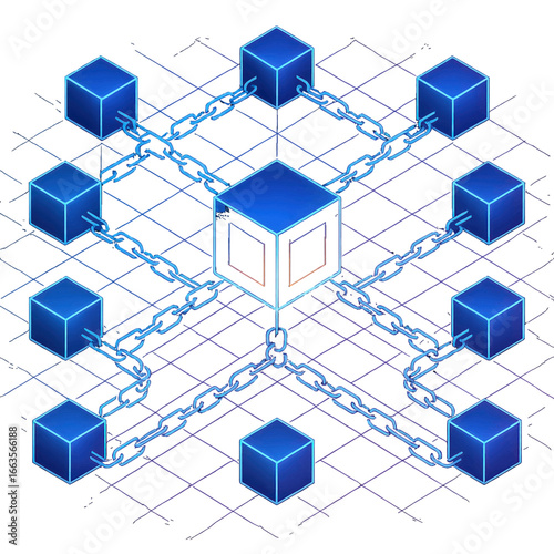 Blockchain network illustration showing interconnected cubes and chains.