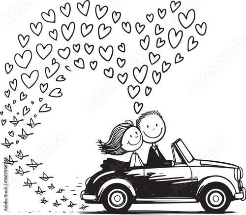 Love Journey: A heartwarming illustration depicting a couple in a vintage car, their hearts soaring with love, romance and togetherness.
