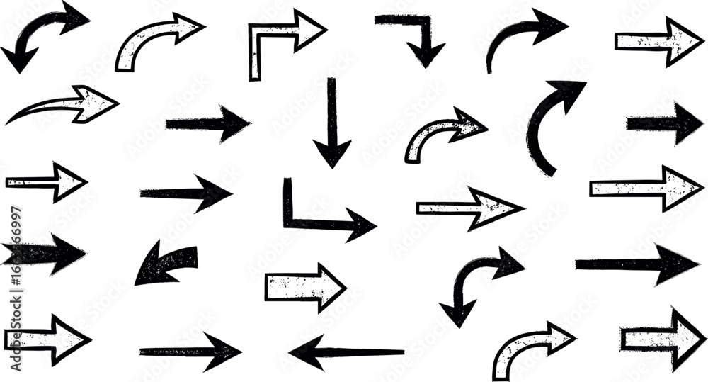 Arrow drawn hand vector line icon set. Hand drawn brush chalk stroke arrow curve, Arrow drawn hand vector line icon set. Hand drawn brush chalk stroke arrow curve,