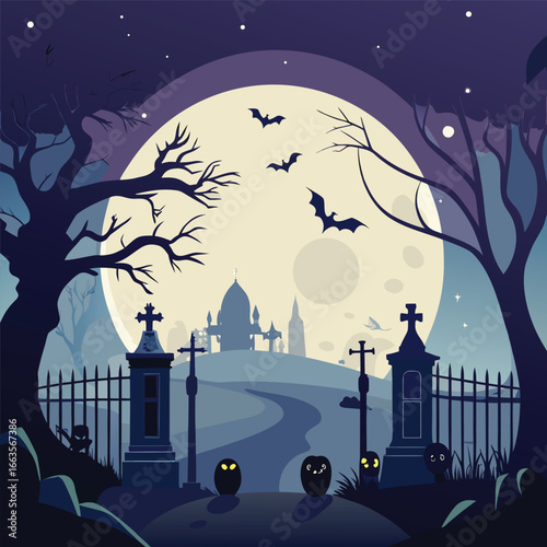 Spooky halloween graveyard scene with tombstones and eerie atmosphere under a moonlit sky