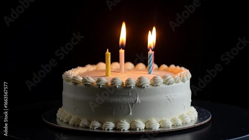 Birthday cake with lit candles against a dark backdrop, creating a celebratory atmosphere
