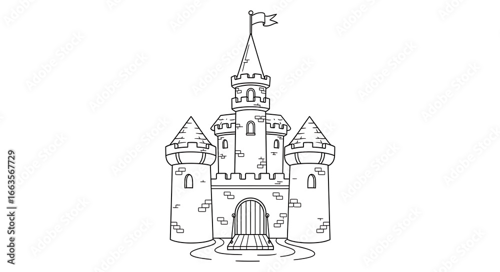 Fototapeta premium Fairytale castle line art with towers battlements and a flag on a central spire.