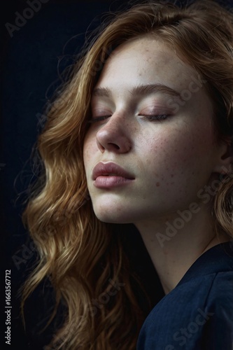Dreamy red-haired woman with closed eyes in low light