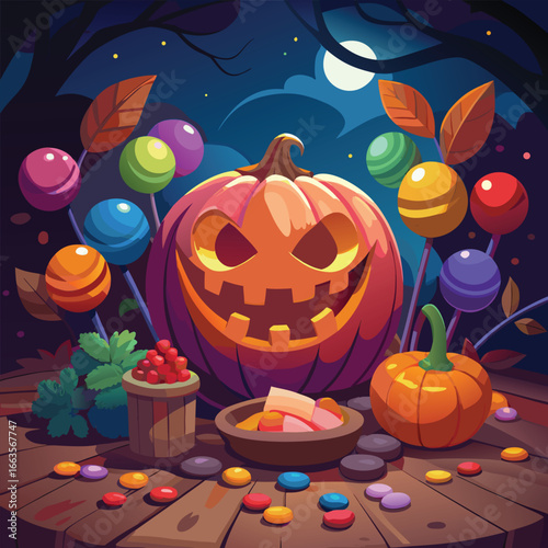 Spooky halloween scene unfolding on a textured wooden surface with festive elements