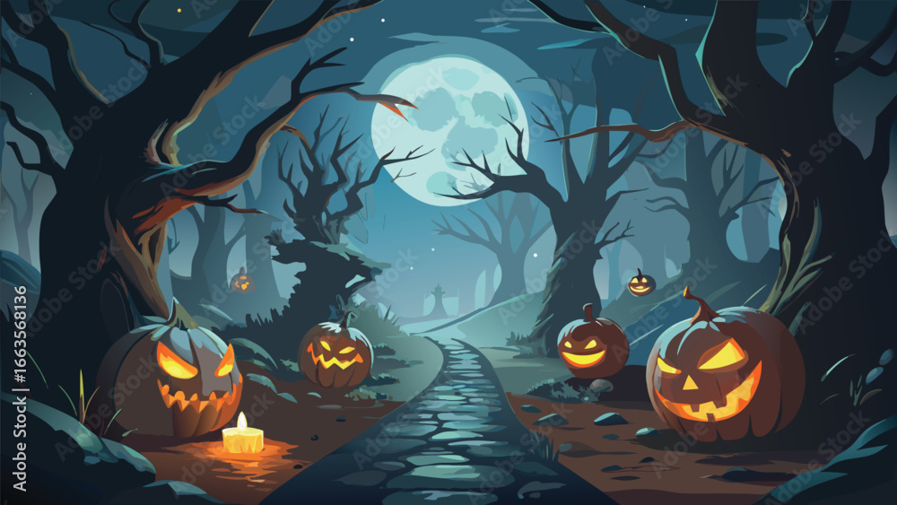 Fototapeta premium Spooky halloween night scene with a full moon and eerie atmosphere