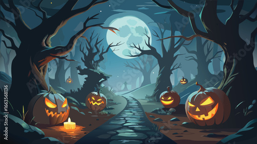 Spooky halloween night scene with a full moon and eerie atmosphere