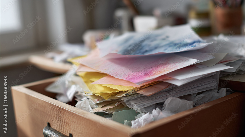 Craft box overflowing with colorful paper and artistic remnants. Suggests creativity, process, and messy inspiration. Use for art blogs, creative services, or educational materials. Craft box overflowing with colorful paper and artistic remnants. Suggests creativity, process, and messy inspiration. Use for art blogs, creative services, or educational materials.