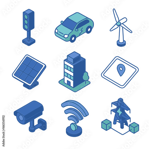 Isometric illustration of smart city infrastructure and technology elements.