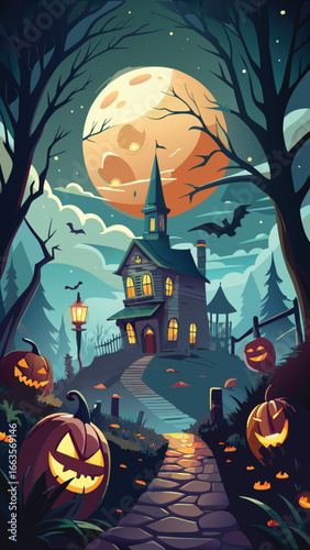 A spooky halloween scene unfolds under a giant moon with eerie silhouettes and a haunted atmosphere