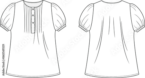 Puff Sleeve Blouse CAD Drawing – Flat Vector Illustration with Pleated Button Front Design, Stylish Fashion Garment Layout, and Sketch Views