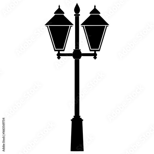 Black Silhouette of a Double Street Lamp on a White Background lamppost lighting