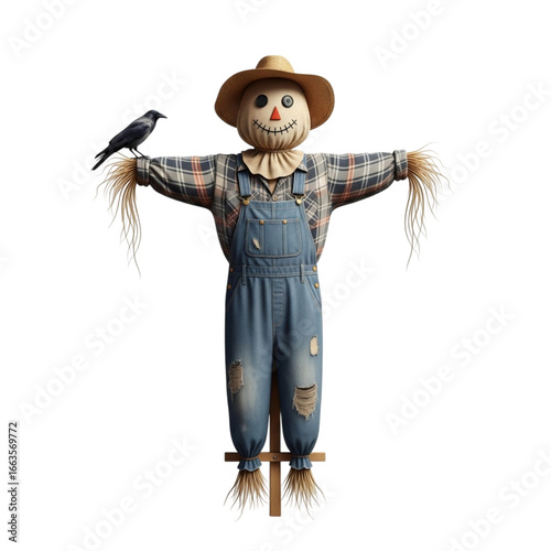Friendly scarecrow with a bird friend standing in an autumn field on a dark night transparent background