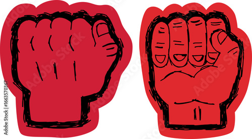 Two male wrists clenched into fists with red fill, on the back side and on the palm side, black lines outline, grunge sketch style