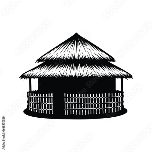 Black and white illustration of a thatched roof hut with fence tropical house bungalow island hut vector illustration