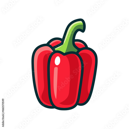 Stylized Red Bell Pepper with Green Stem and Dark Outline on Black Background red pepper vegetable