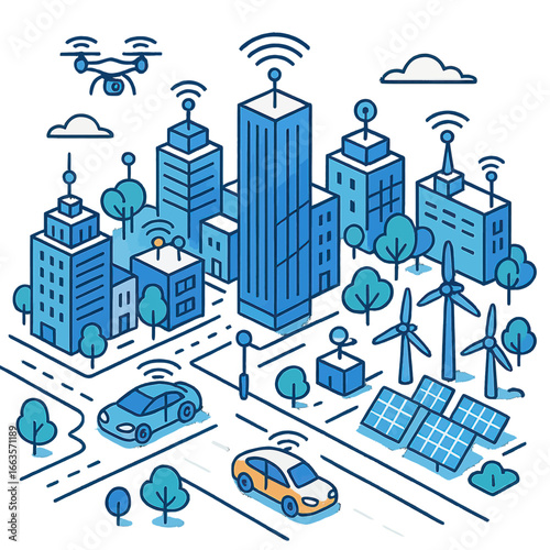 Isometric illustration of a futuristic smart city with connected buildings, a drone, and renewable energy.