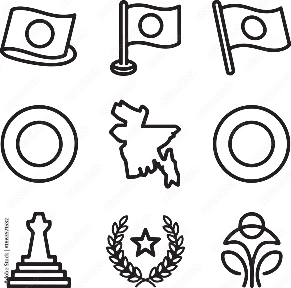 Fototapeta premium Bangladesh Flag Variations Vector Icons Collection with Map, Landmark, National Emblem, and Decorative Motifs