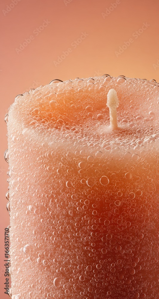 Fototapeta premium Close-up of a peach-colored candle, covered in water droplets, against a peach-toned gradient background. The candle's wick is visible at the top