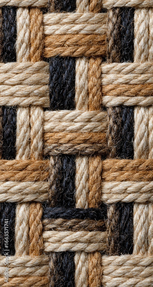 Fototapeta premium Close-up view of a woven texture, featuring crisscrossing light brown, beige, and dark brown cords
