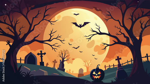 A spooky halloween scene unfolds with a large illuminated jack o lantern and eerie atmosphere