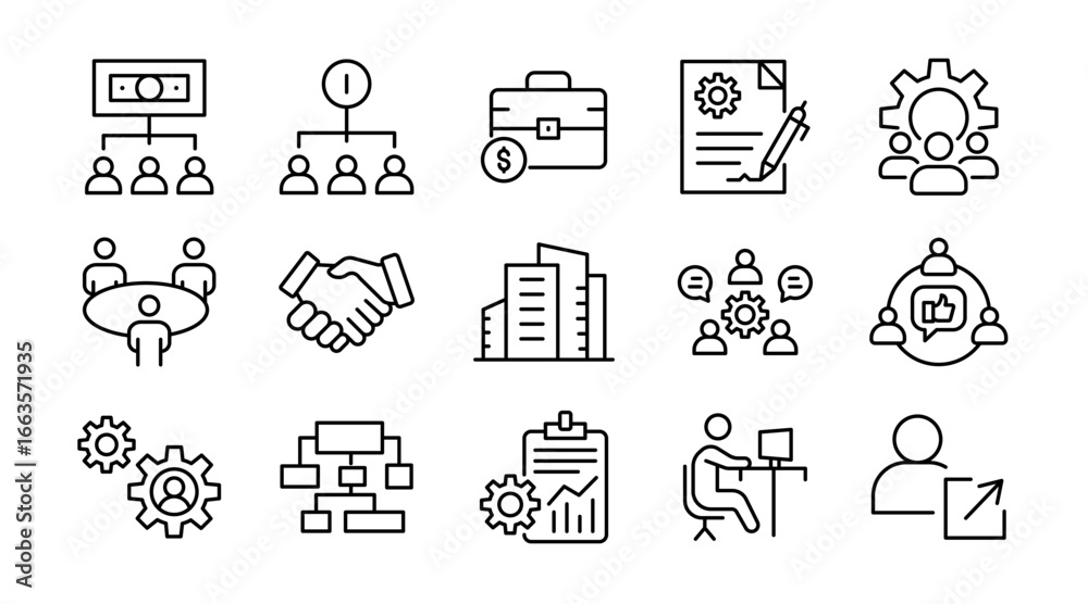 Fototapeta premium Stakeholder Linear Icon Set. Business, Partnership, Team, Collaboration, Leadership, Investors, Company, Strategy, Group, Communication. Thin Line Vector Pack