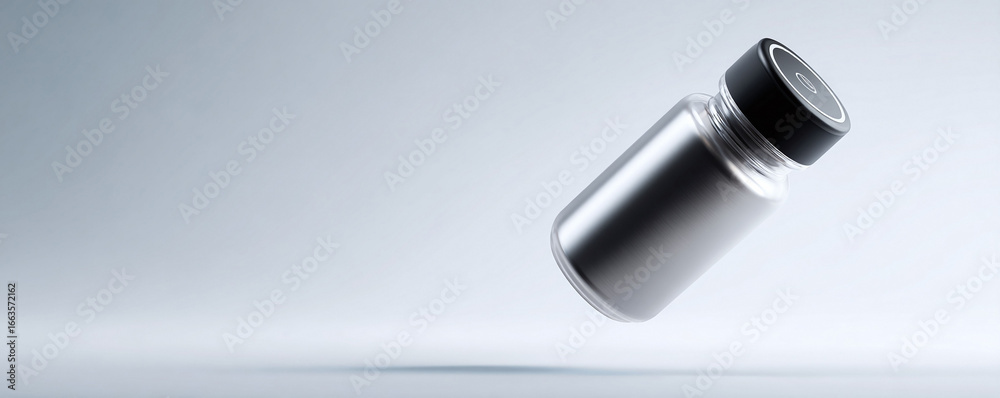 Fototapeta premium Sleek, minimalist image of a vial with a black cap, floating on a light background. Ideal for pharmaceutical, science, or technology concepts. Clean, modern aesthetic.