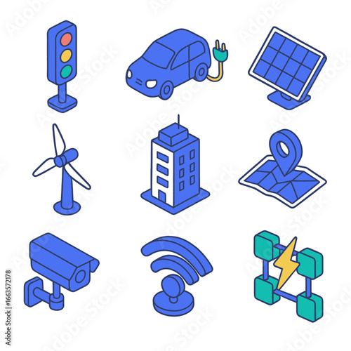 Isometric icons representing smart city infrastructure, sustainable energy, and modern technology elements.