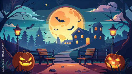 Spooky halloween scene with a glowing jack o lantern and eerie atmosphere