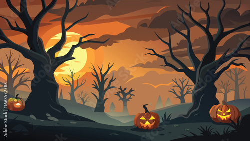 Spooky halloween scene with silhouetted figures and moonlit night sky