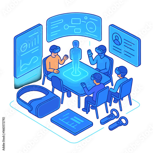 Isometric Virtual Reality Meeting with Holographic Projection and Blue Glow.