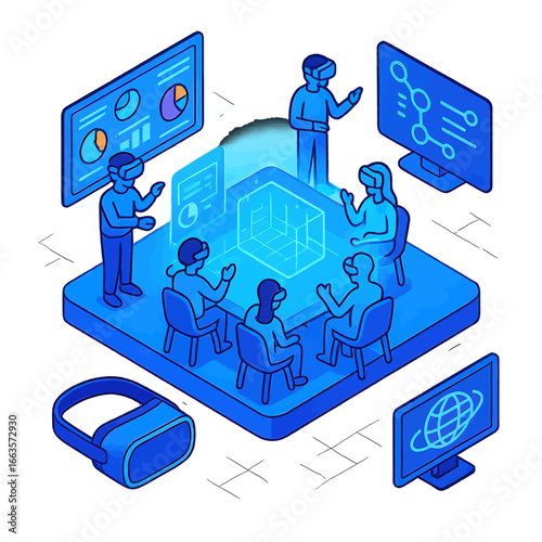 Isometric VR Meeting - People with Headsets Around Holographic Display.