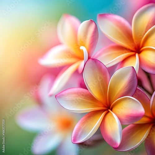 Tropical plumeria flowers in soft focus with blurred sunset colors perfect for wedding branding