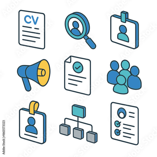 Collection of business-related icons, including CV, job search, and team management.