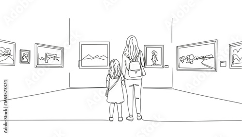 Woman and Child Line Art | Continuous One-Line Vector of Mother and Daughter in Gallery