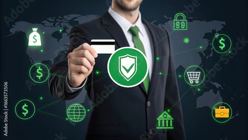 Man in suit holding credit card with financial icons