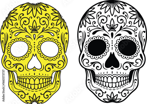 Simple line drawing of a sugar two skull, capturing the essence of Día de los Muertos and Halloween. This minimalist design emphasizes cultural significance and spooky aesthetics.