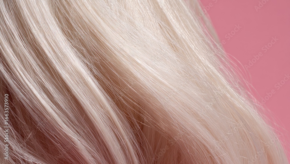 Naklejka premium Close-up of flowing blonde hair against a soft pink backdrop