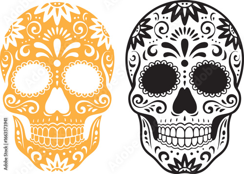 Simple line drawing of a sugar two skull, capturing the essence of Día de los Muertos and Halloween. This minimalist design emphasizes cultural significance and spooky aesthetics.