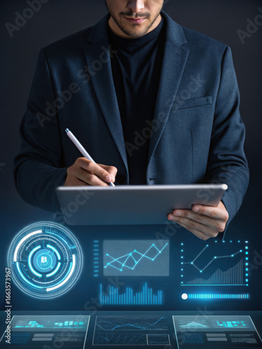 Man using tablet with futuristic data visualization charts
