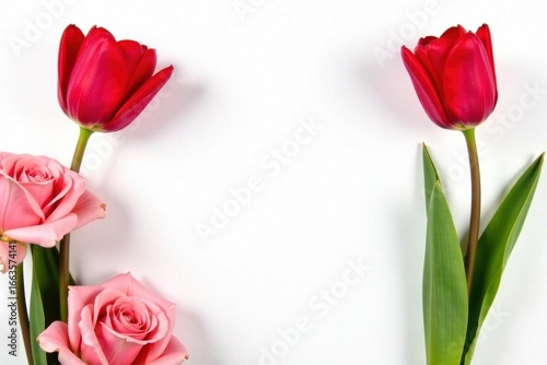 Elegant red tulip & pink rose frame Isolated white background , spring, close up, clipping path