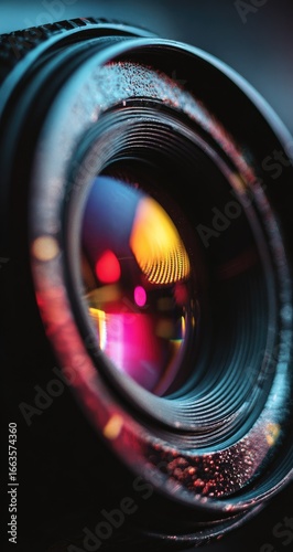 Close-up of a camera lens, exhibiting colorful reflections and intricate details